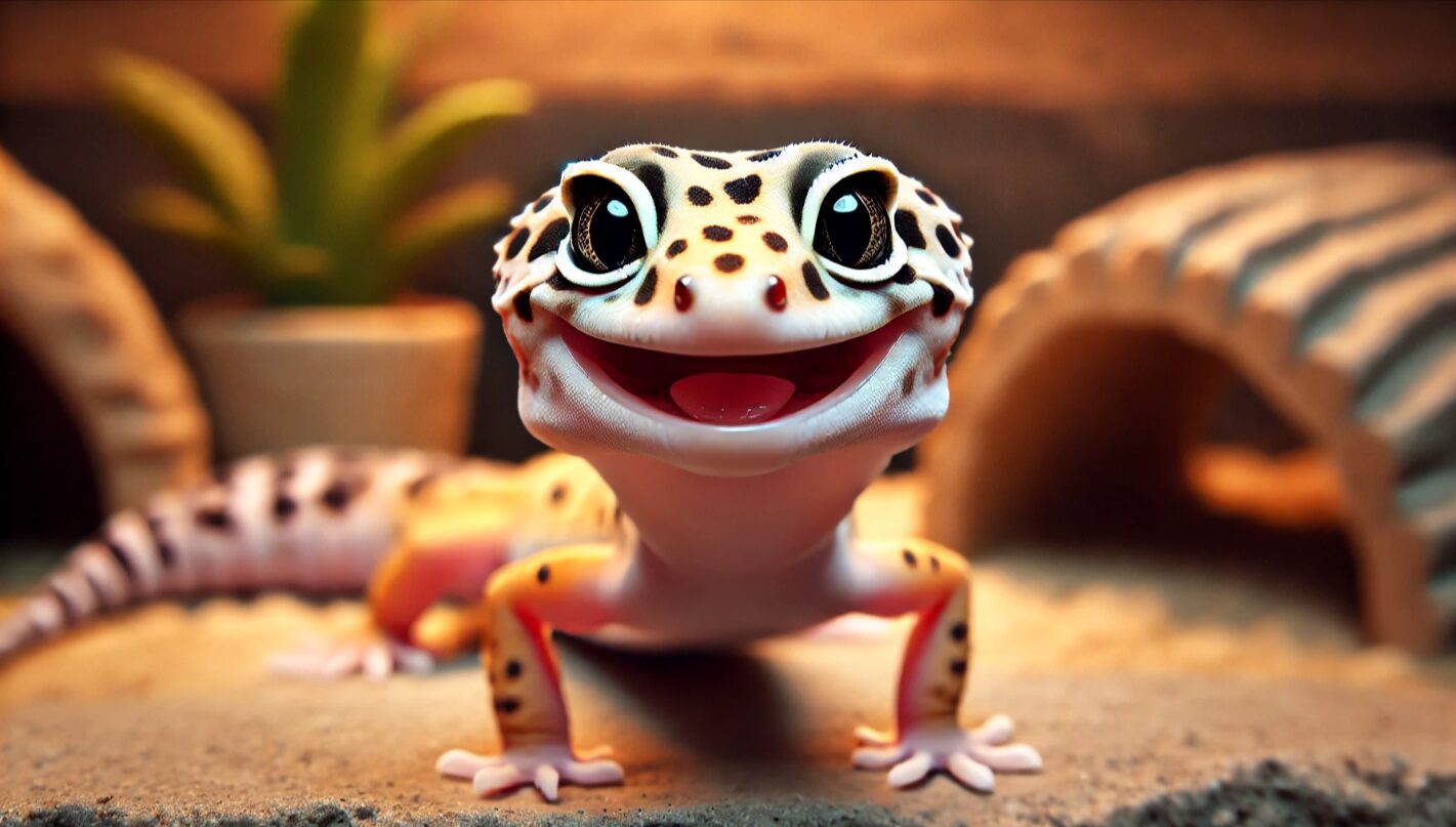 笑っているような表情のヒョウモントカゲモドキがカメラを見つめているクローズアップ画像。丸い瞳と愛嬌ある口元が魅力的に映る、自然光のテラリウム内でのショット。