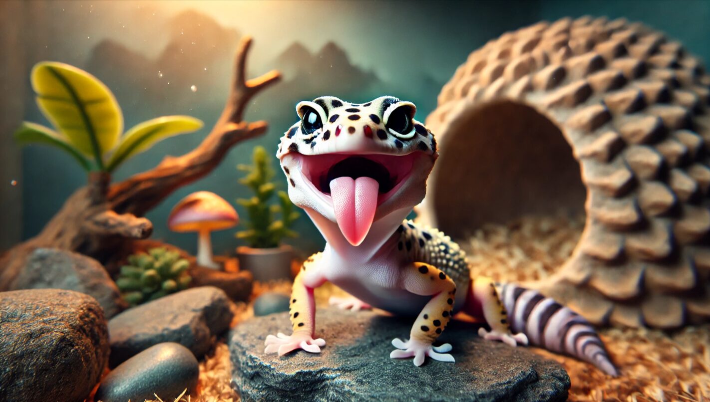 ヒョウモントカゲモドキが舌を出してぺろぺろと舐める仕草や、口を大きく開けてあくびする瞬間を捉えた可愛らしい一枚。自然なテラリウム内での行動シーン。