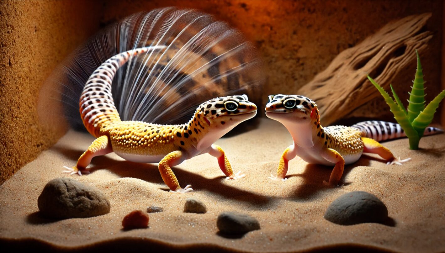 雄のヒョウモントカゲモドキが雌の近くで尻尾を高速に振動させる求愛行動。繁殖期の特徴的なテールラットリングを捉えた瞬間。