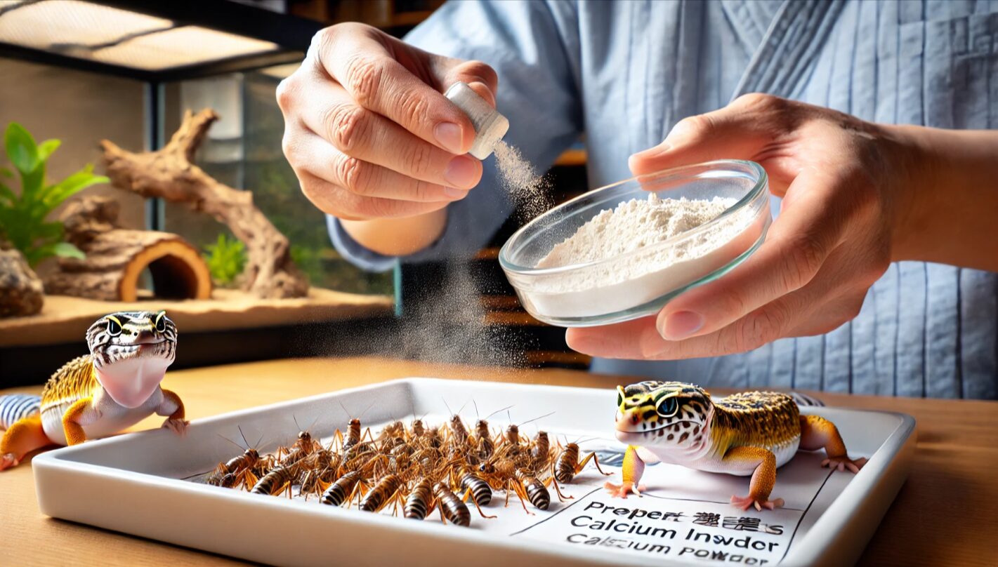 ダスティング用にカルシウムパウダーを昆虫にまぶしている様子と、それを見つめるヒョウモントカゲモドキ。栄養補助の正しい手順を示す。