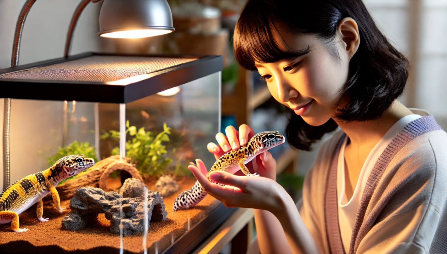 日本人女性がヒョウモントカゲモドキのテラリウム内の温度や照明を調整している場面。成長段階に応じた飼育管理の重要性を表現。