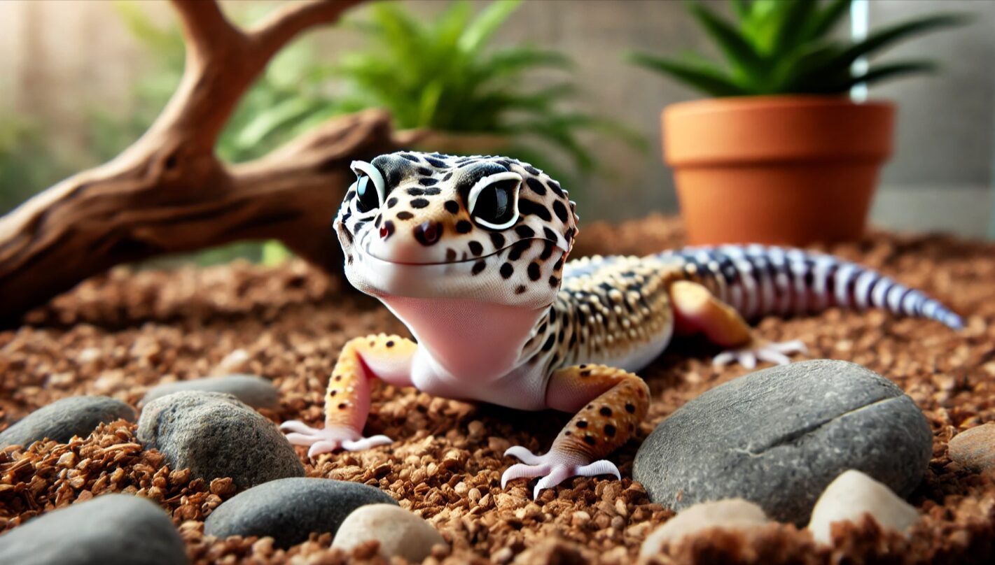 明るいテラリウムの中で、太く健康的な尻尾を持つヒョウモントカゲモドキが穏やかに休んでいる様子。適切な給餌管理により理想的な体型を維持していることを示す画像。