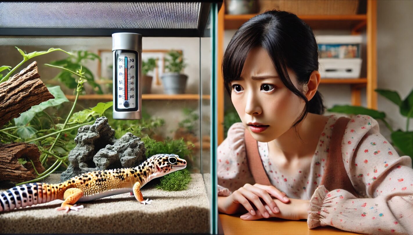 餌を食べないヒョウモントカゲモドキを心配そうに観察し、飼育環境を確認する飼い主。拒食や体調変化への気づきを促すビジュアル。