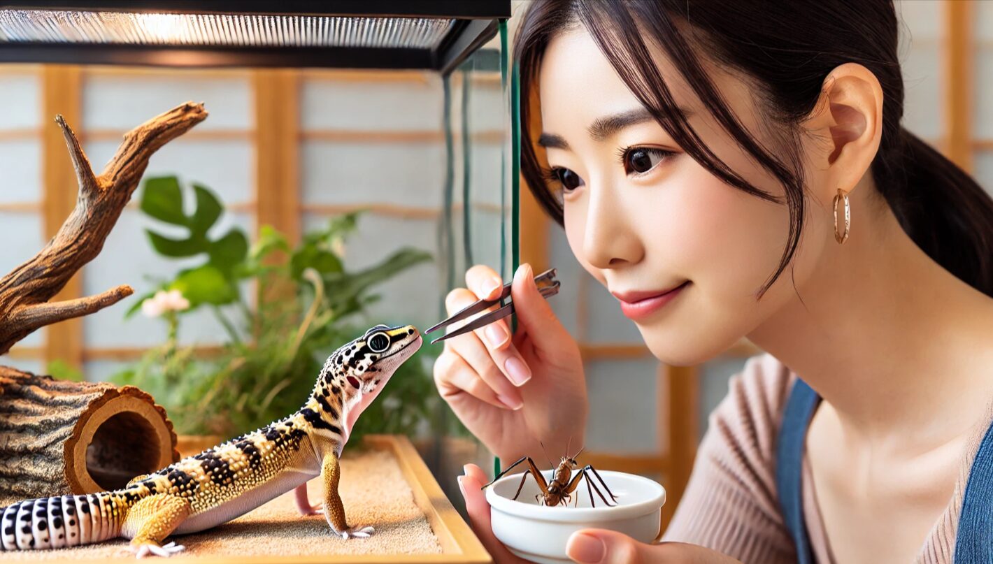 ピンセットでコオロギを与える日本人女性と亜成体レオパ。隔日給餌への切り替えタイミングを示す教育的なシーン。