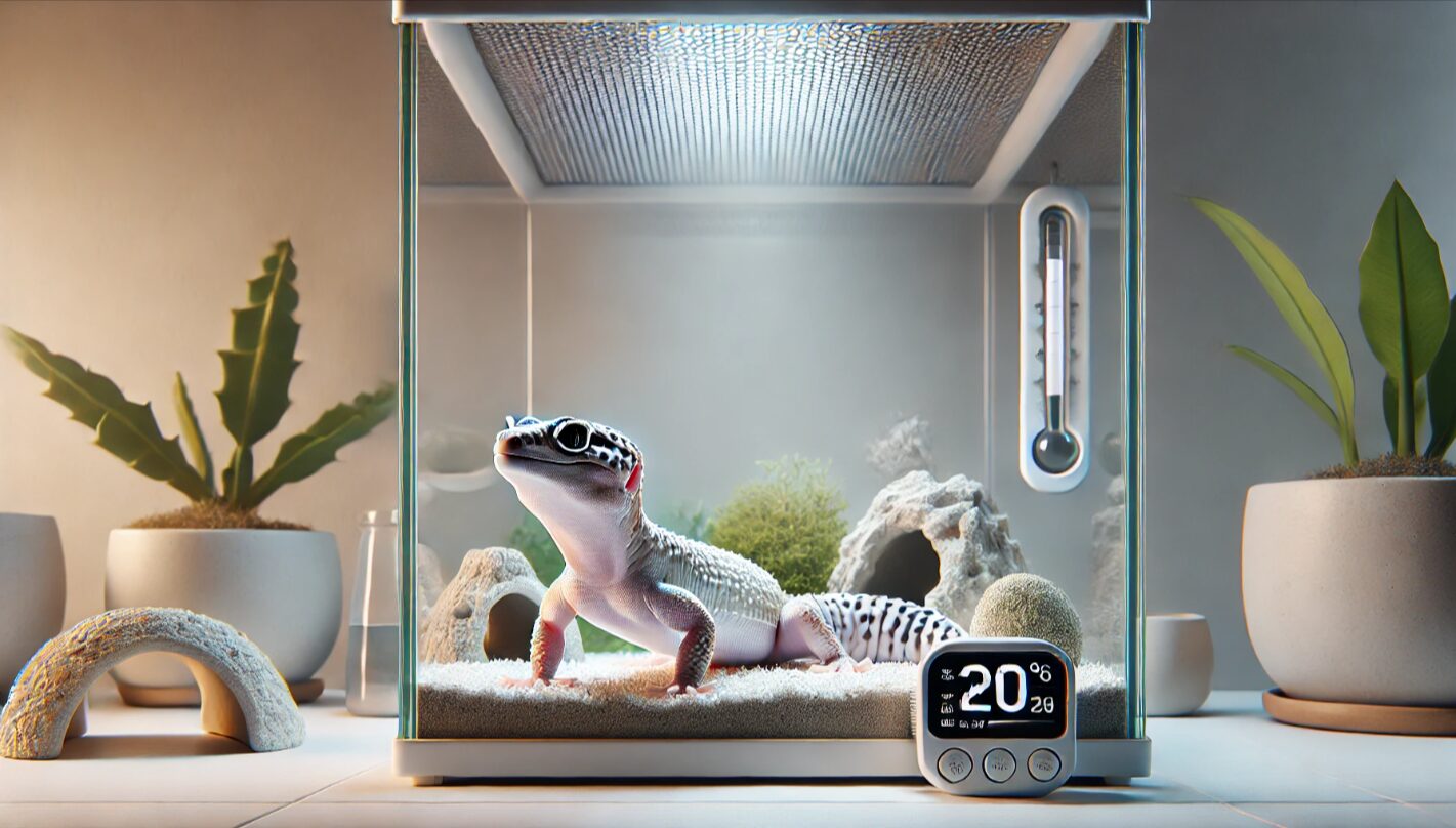 ブリザードレオパを主役にした清潔なケージ全景。温度勾配とウェットシェルターが整った理想的な飼育環境のイメージ