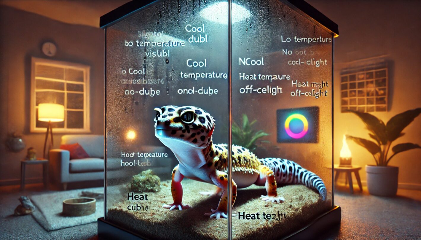 冷えたクールサイドで体色がくすむブリザードレオパ。低温や環境ストレスによる黒化のイメージ