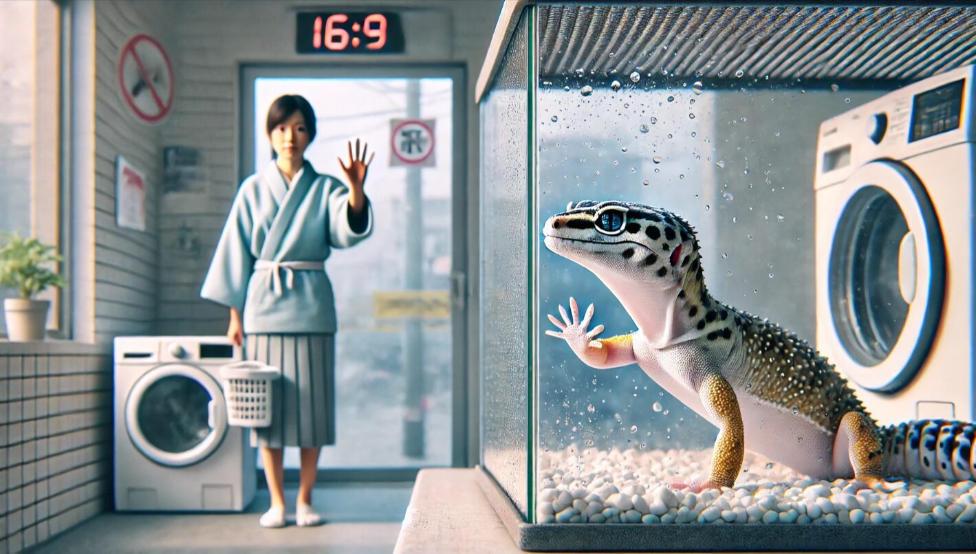 ストレス環境に警戒姿勢を見せるブリザードレオパと距離を取る日本人飼い主。病気ではなくストレス要因に焦点