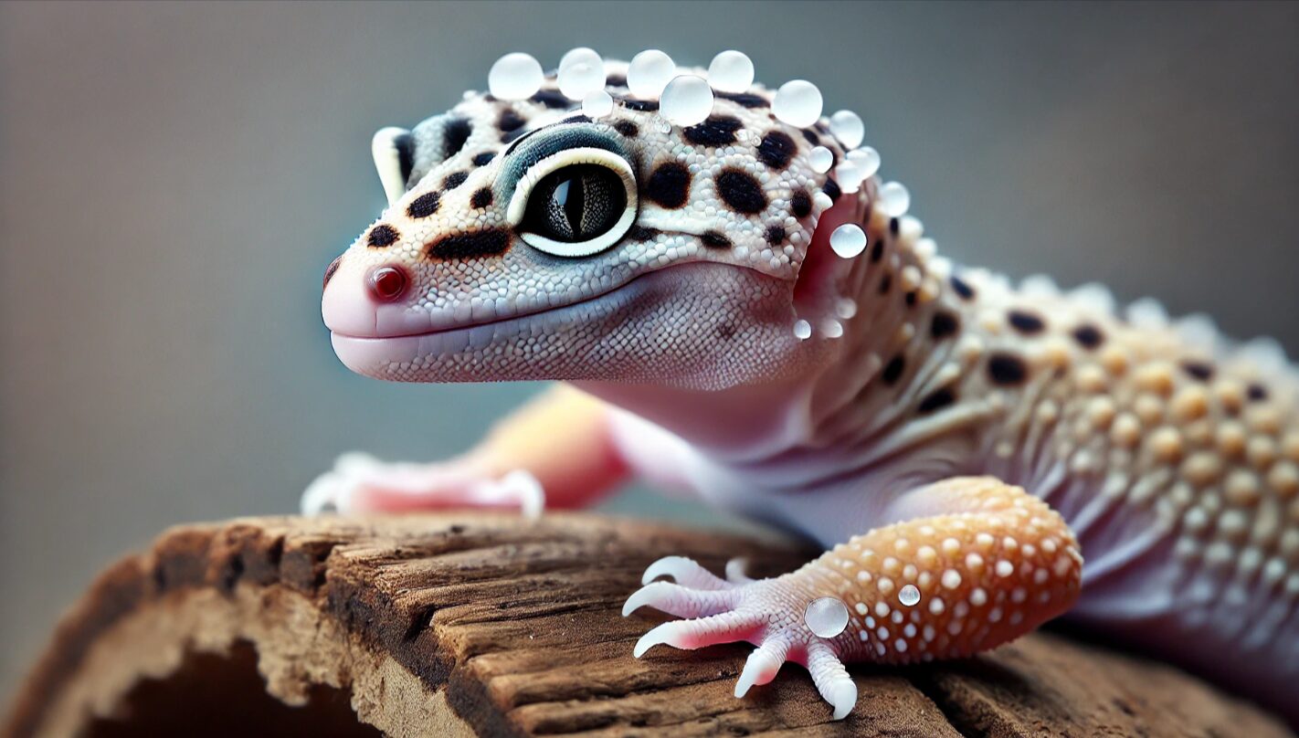 指先や尾先に皮が残るレオパの脱皮不全サインを強調した接写イメージ