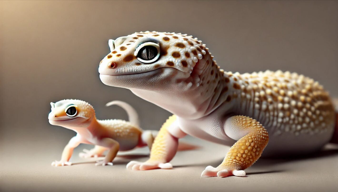 成長に伴い体に淡い黄色味が現れたブリザードレオパを示す健康的な変化のイメージ