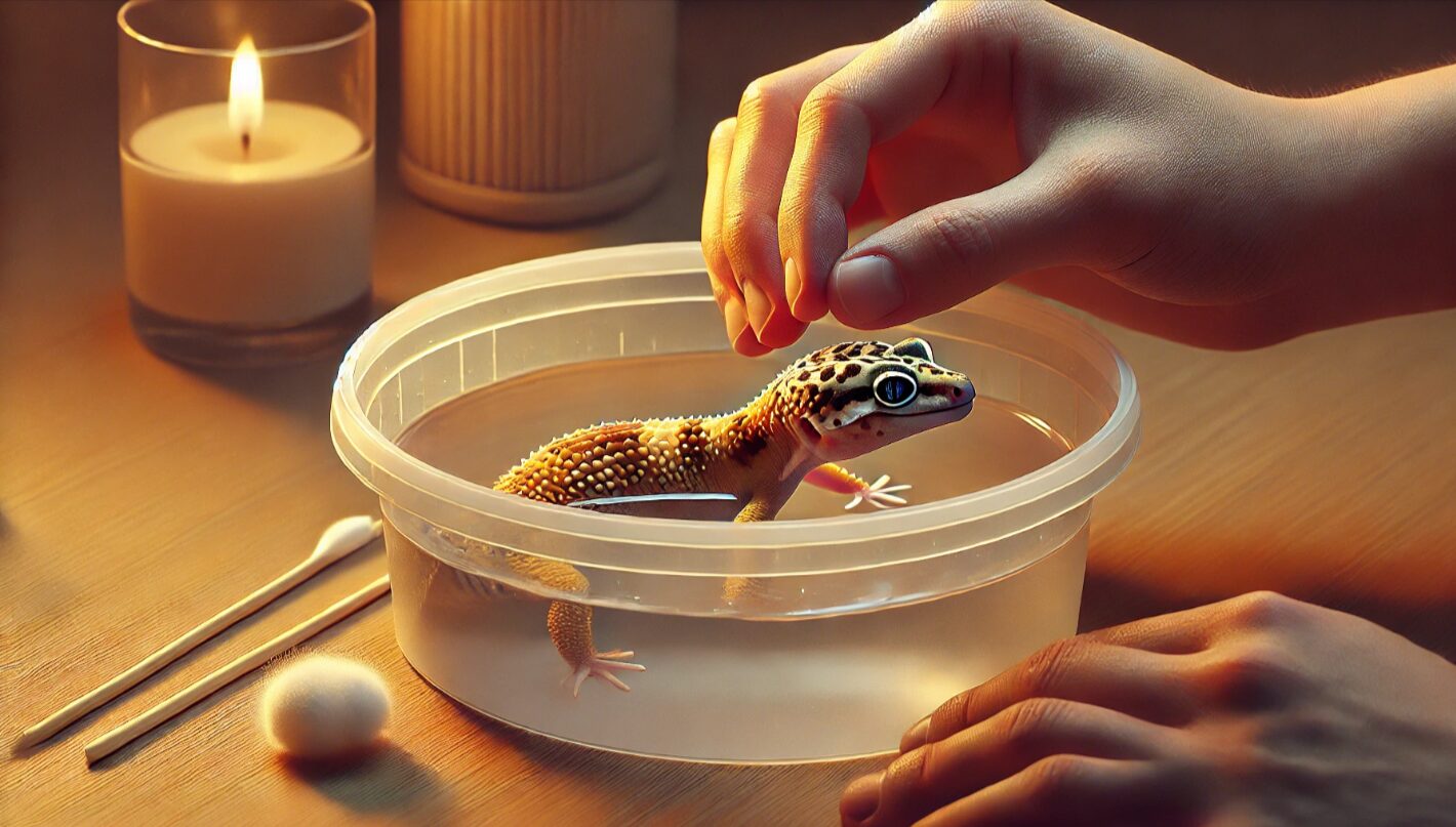 浅いぬるま湯で日本人飼い主が綿棒を用意し優しく脱皮補助を行う安全手順のイメージ