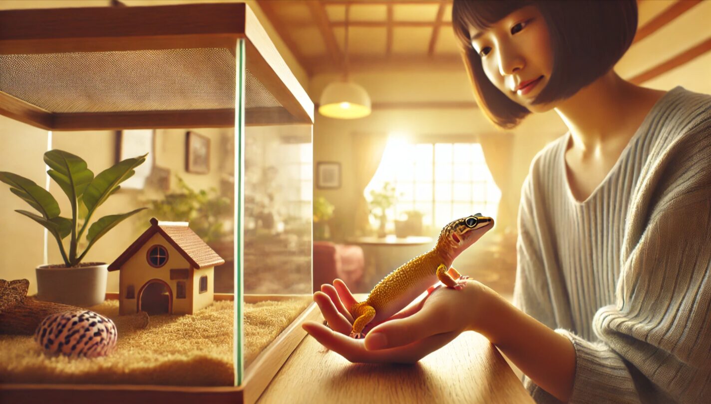日本人の飼い主がヒョウモントカゲモドキと静かな室内で優しく触れ合っている様子。手のひらに登ってくるレオパと、その姿を穏やかに見守る様子が、毎日の癒しと絆を象徴する一枚。