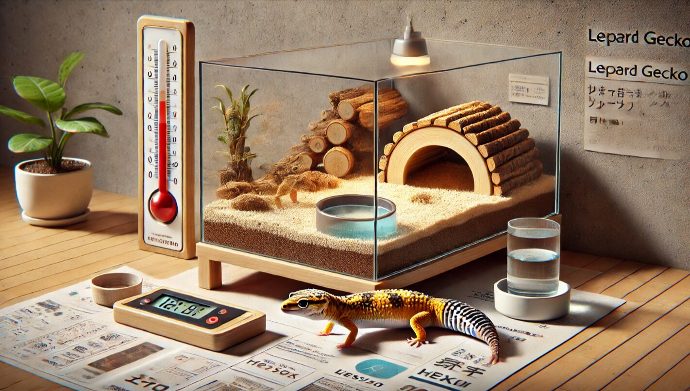 保温設備やウェットシェルター、水皿、温湿度計が整えられたレオパ用テラリウム内で、ヒョウモントカゲモドキがゆったりと歩いている様子。日本の家庭に合った清潔で機能的な飼育環境。