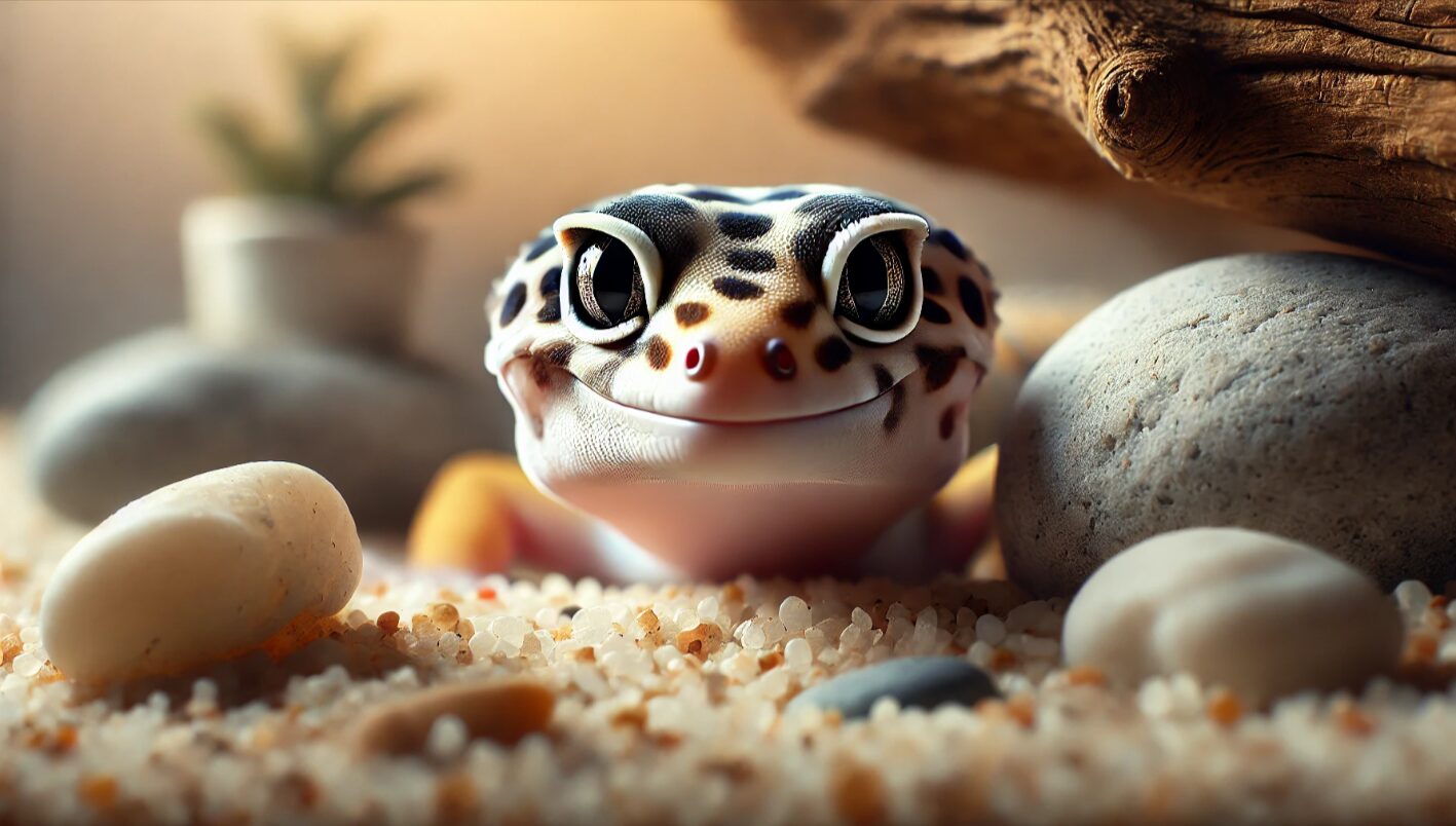 テラリウム内で穏やかに佇むヒョウモントカゲモドキのクローズアップ。健康的な目と自然な環境を象徴するアイキャッチ画像。