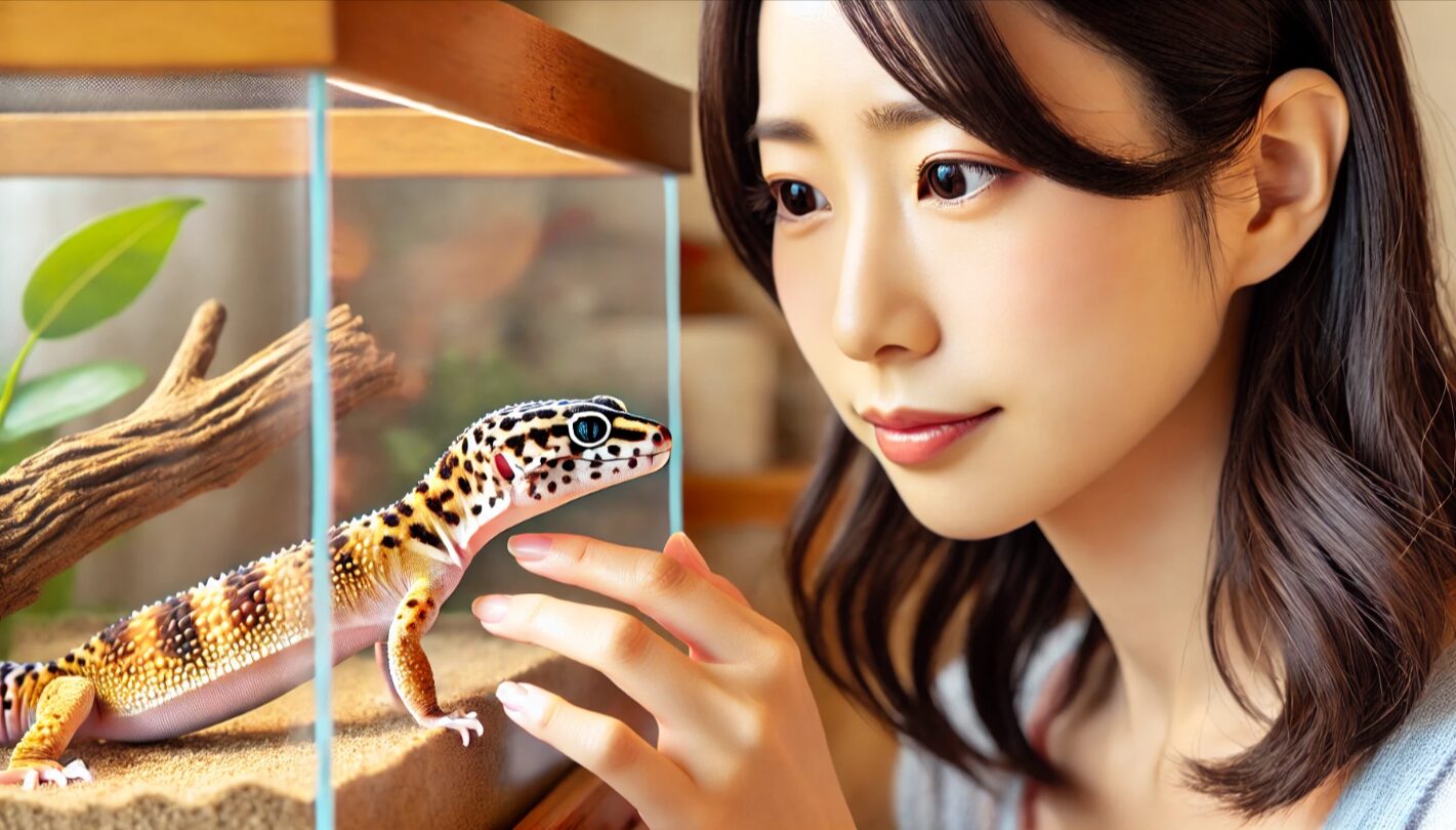日本人女性がテラリウム内のヒョウモントカゲモドキを観察している様子。レオパの目の変化や行動を丁寧に見守るシーン。