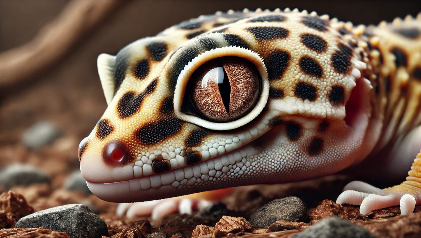 目の曇りや炎症が見られるヒョウモントカゲモドキの接写。レオパの重篤な目の異常を示すリアルなイメージ。