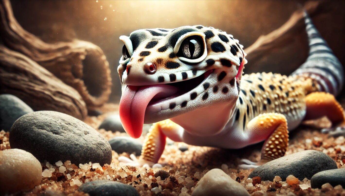 舌で自分の目を舐めるヒョウモントカゲモドキの姿。目を清潔に保つためのグルーミング行動を表すシーン。