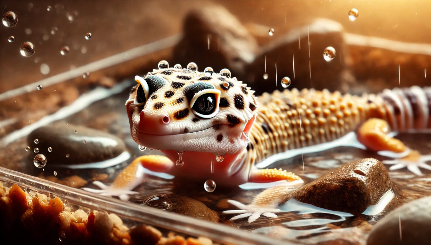 浅いぬるま湯で温浴中のヒョウモントカゲモドキ。目の脱皮不全を優しくケアする場面を描いたリアルな画像。