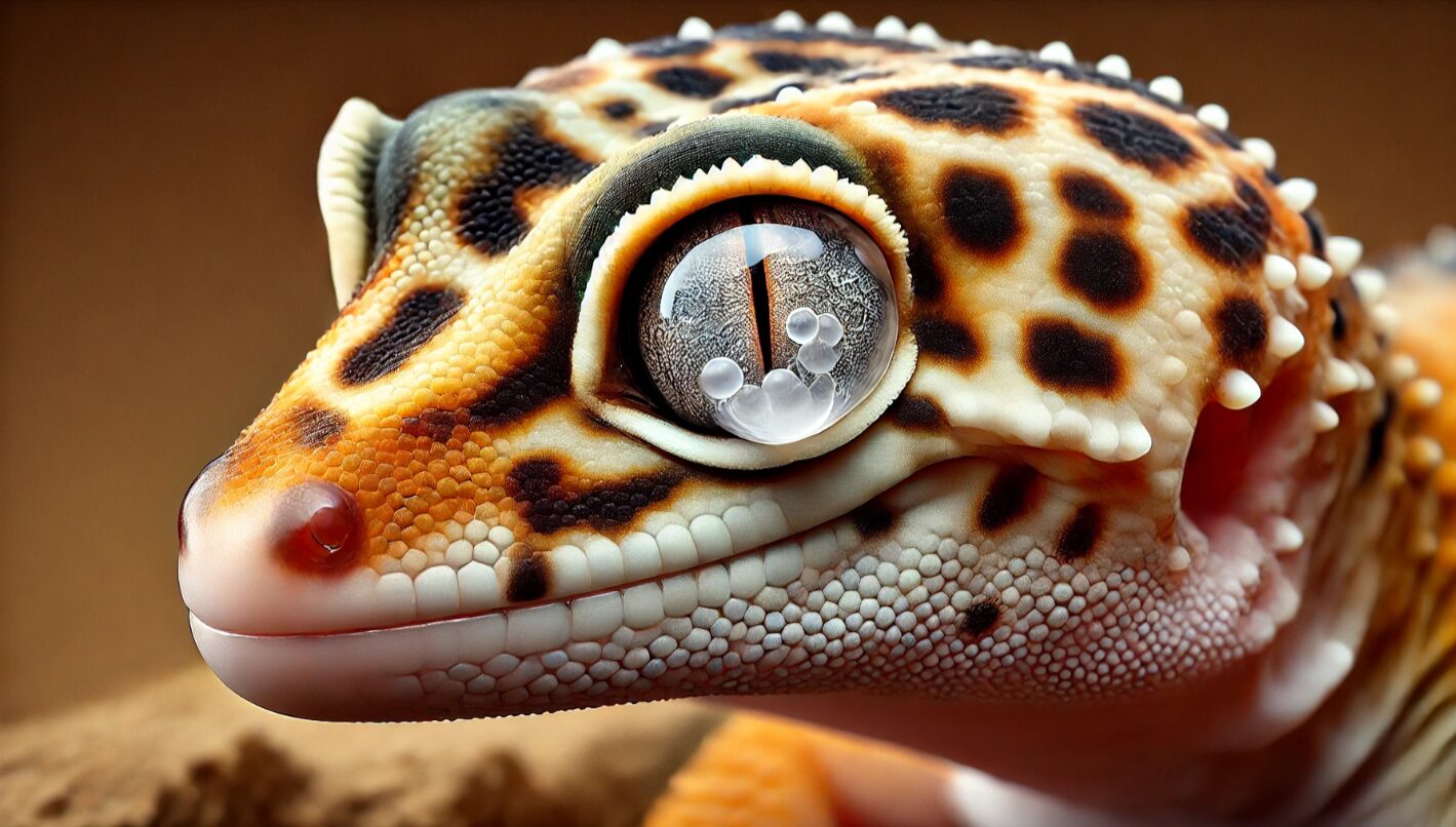 片目に白く濁った膜がかかったヒョウモントカゲモドキのクローズアップ。目の異常や角膜のトラブルを示す画像。