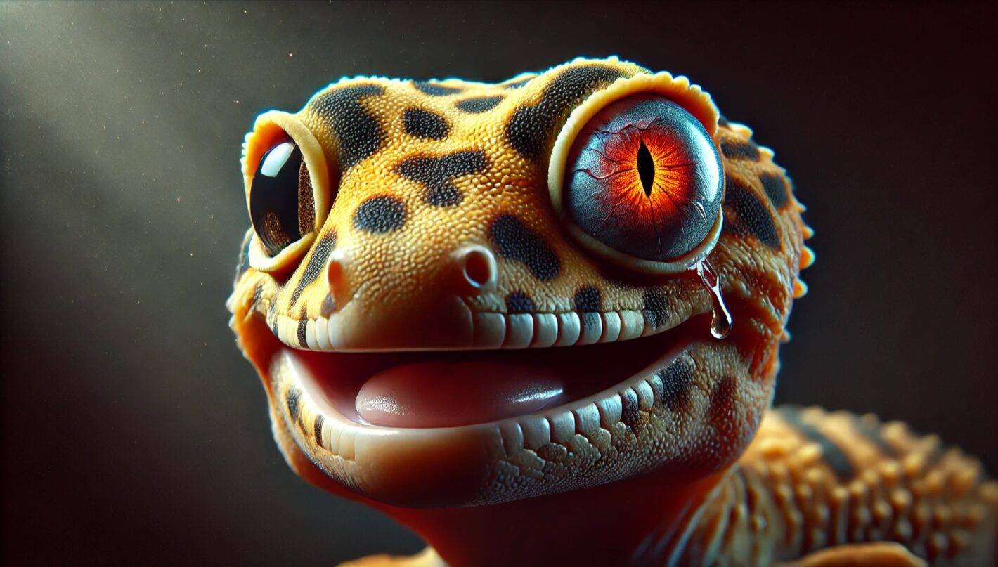 片目が腫れ、飛び出して見えるヒョウモントカゲモドキのリアルな接写。緊急性の高い眼球突出の状態を表現した画像。