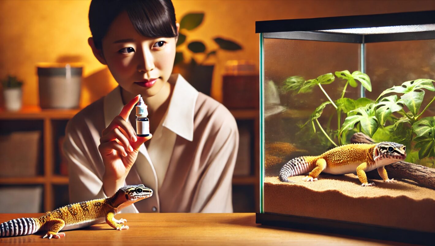 日本人女性がテラリウムの前で目薬を手に取り、使用をためらっている様子。レオパへの誤った点眼の危険性を示すイメージ。