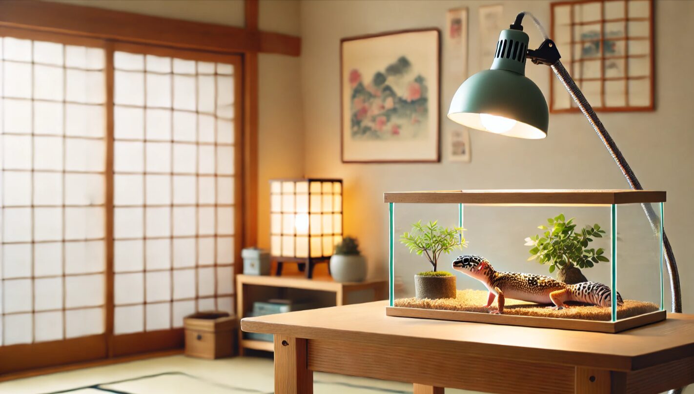 日本の室内に置かれた清潔なレオパ飼育用テラリウム。落ち着いた環境と適切な設備が揃った安心感のあるペット空間。
