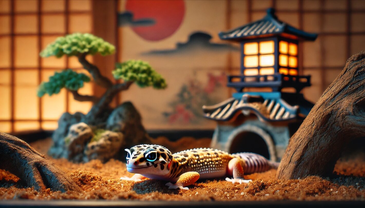 ベビー期のヒョウモントカゲモドキが温かいテラリウム内で休んでいる様子。性別の判別が難しい初期段階を表現。