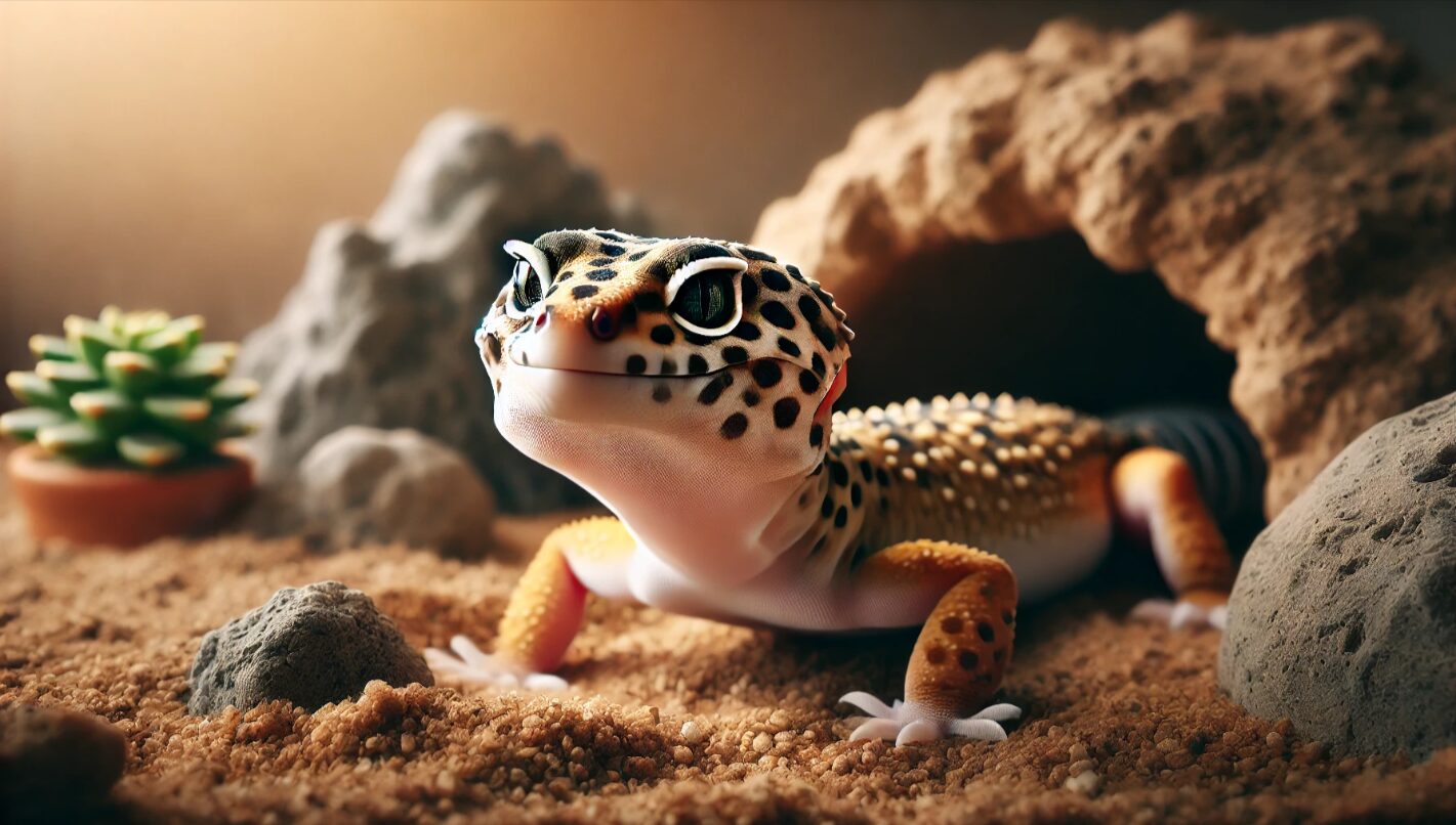 幼体のレオパが自然なレイアウトの中で静かに過ごす様子。まだ性別の外見的特徴が見られない時期を示す。