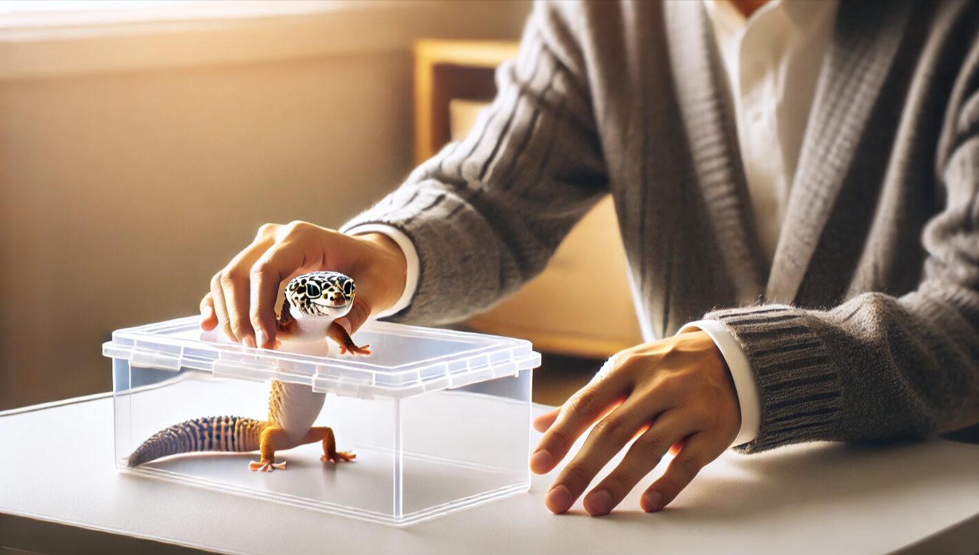 日本人が透明ケースにそっとレオパを移して観察している場面。ストレスをかけない性別確認の手法を表現。