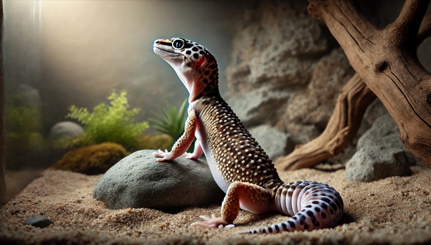 成体のメスと思われるレオパが横向きに岩の上で落ち着いている様子。性別特定の一助となる観察イメージ。