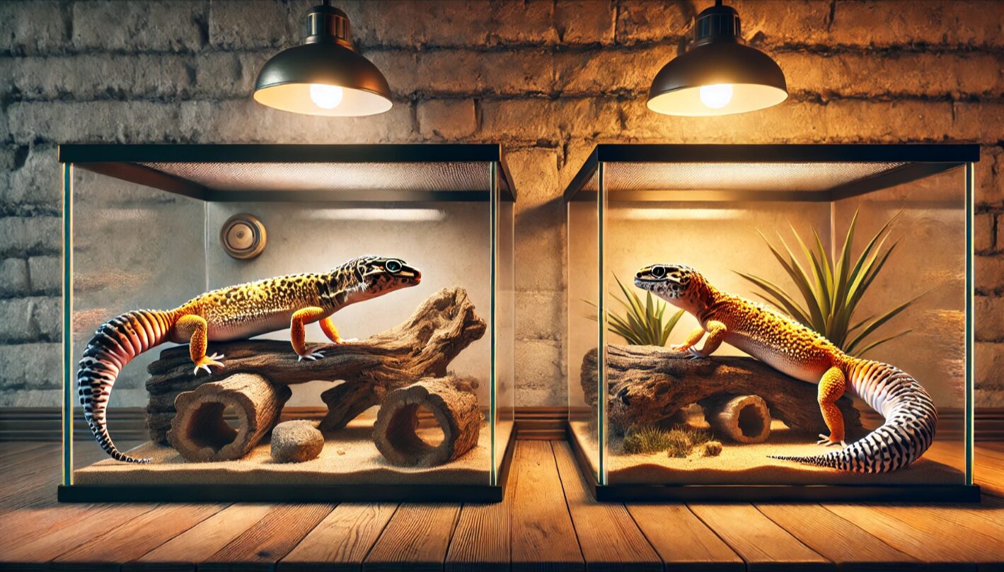 2匹のレオパがそれぞれのテラリウムで過ごす様子。活発な個体とおとなしい個体の行動差から性格の違いを示す。