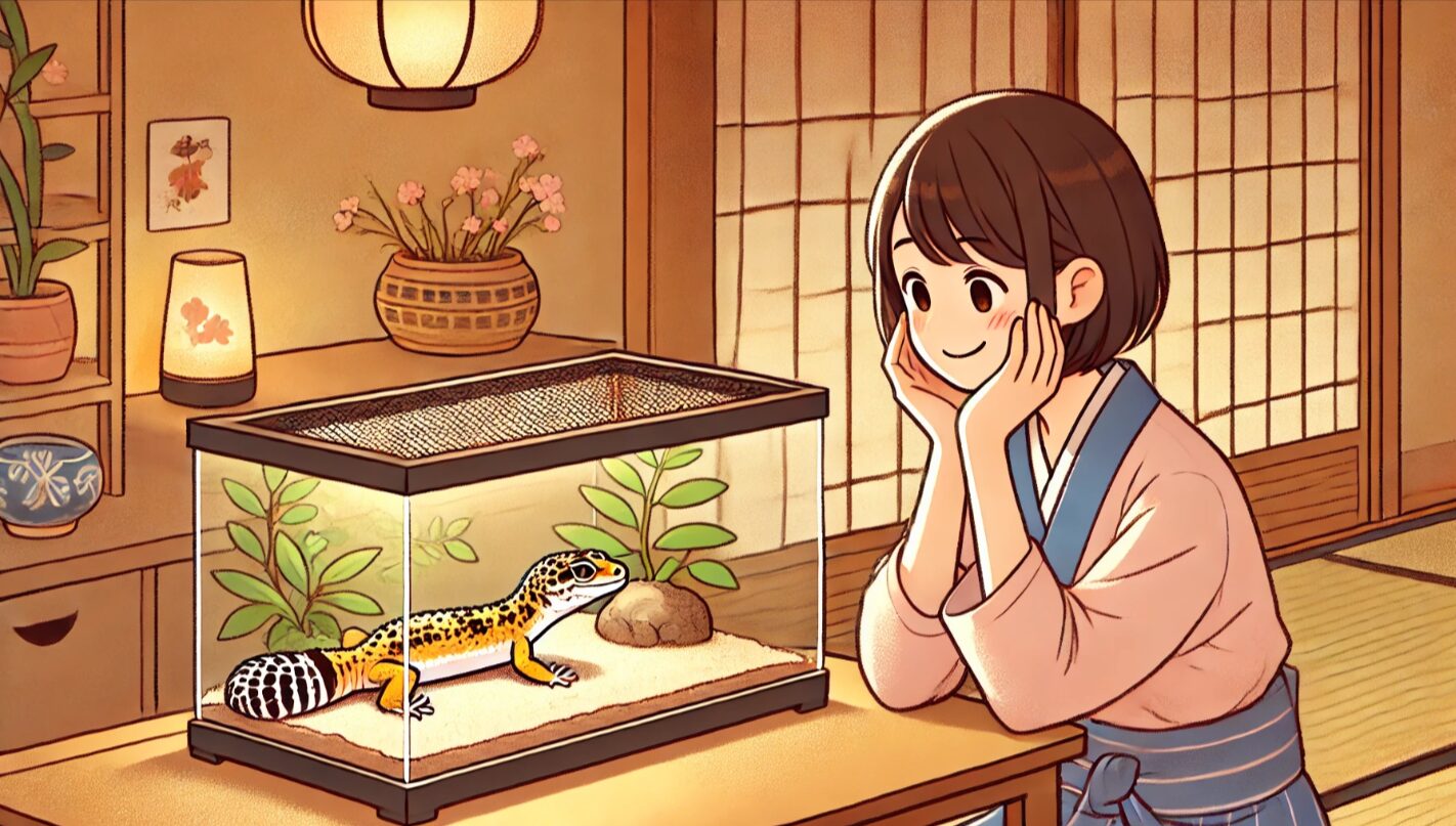 日本人がレオパを静かに見守る姿。性別判明を焦らず、ゆっくりと見守ることの大切さを表すシーン。