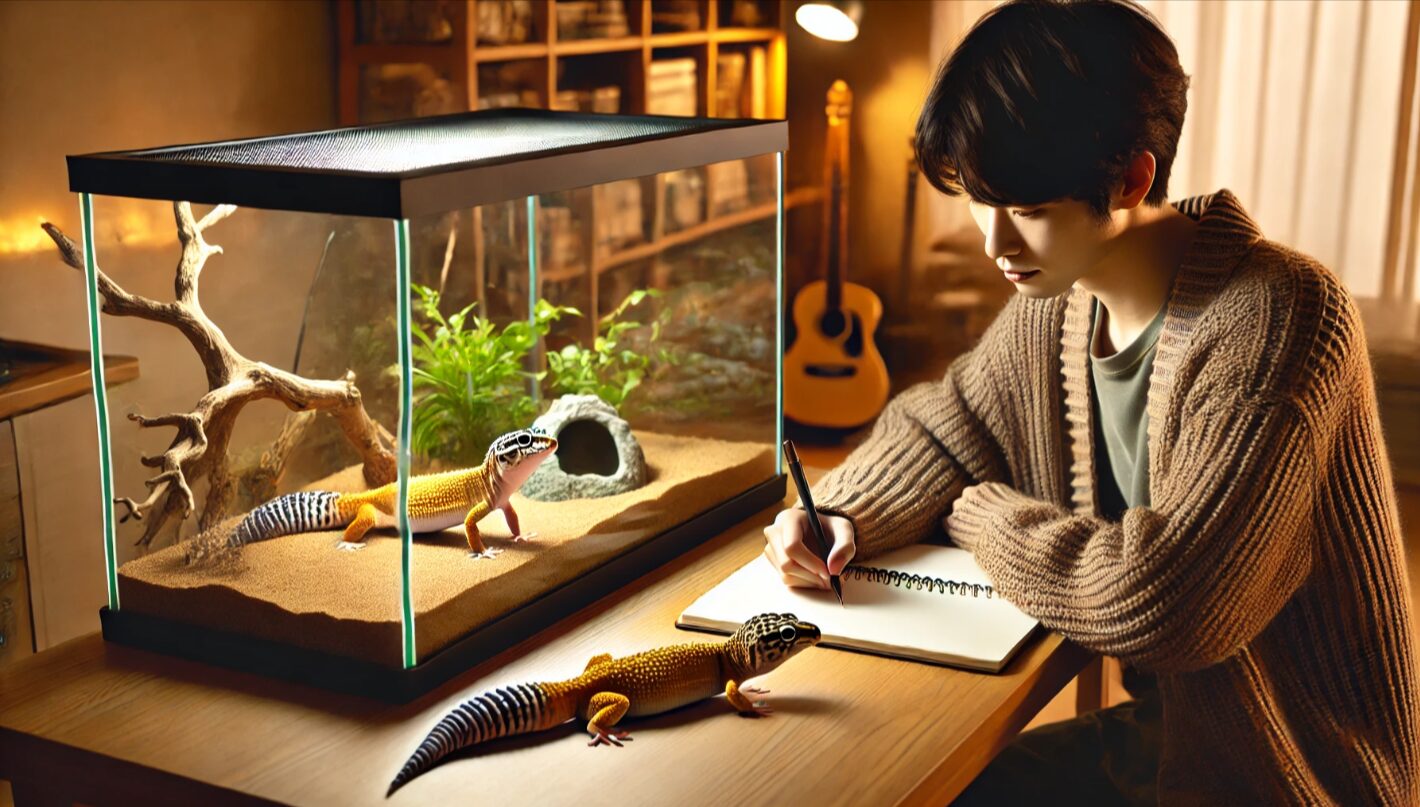 性別以外の知識にも役立つ、整ったレオパ飼育環境を写した日本の室内テラリウム。