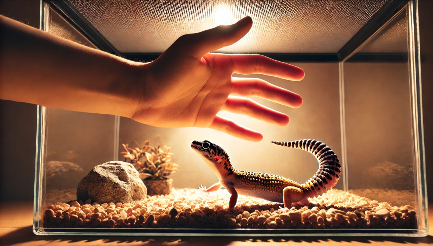 日本の家庭環境のテラリウムで、防御姿勢をとり尻尾を持ち上げるヒョウモントカゲモドキ。人の手に警戒するストレス反応の様子。