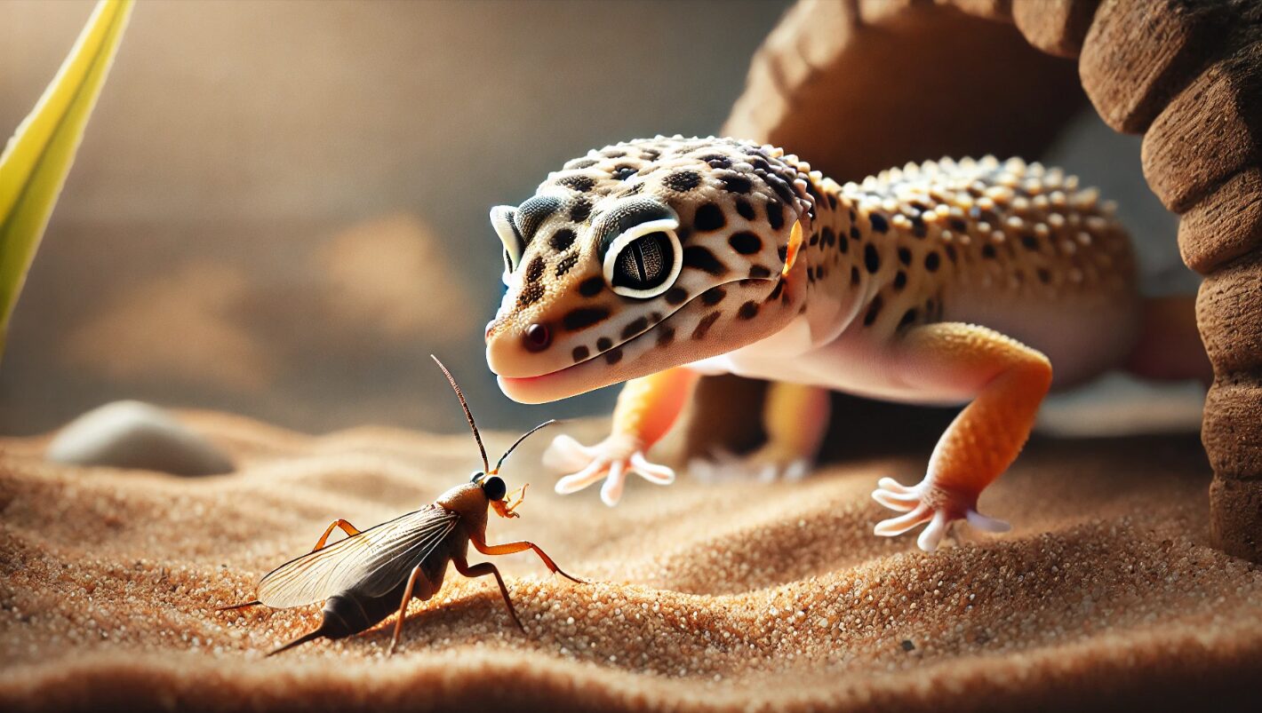 テラリウム内で餌の昆虫を見つめながら尻尾をユラユラ揺らすヒョウモントカゲモドキ。捕食行動時の興奮と集中を表す自然な一枚。