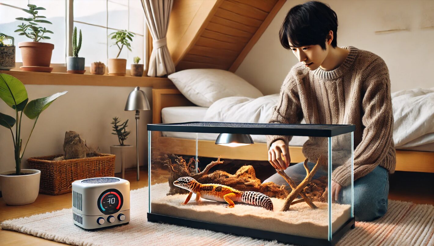 日本人がヒョウモントカゲモドキのテラリウムを設置中。暖突を含む加温器具やレイアウトアイテムを丁寧に準備している様子。飼育環境に必要な器具を見極めるシーン。