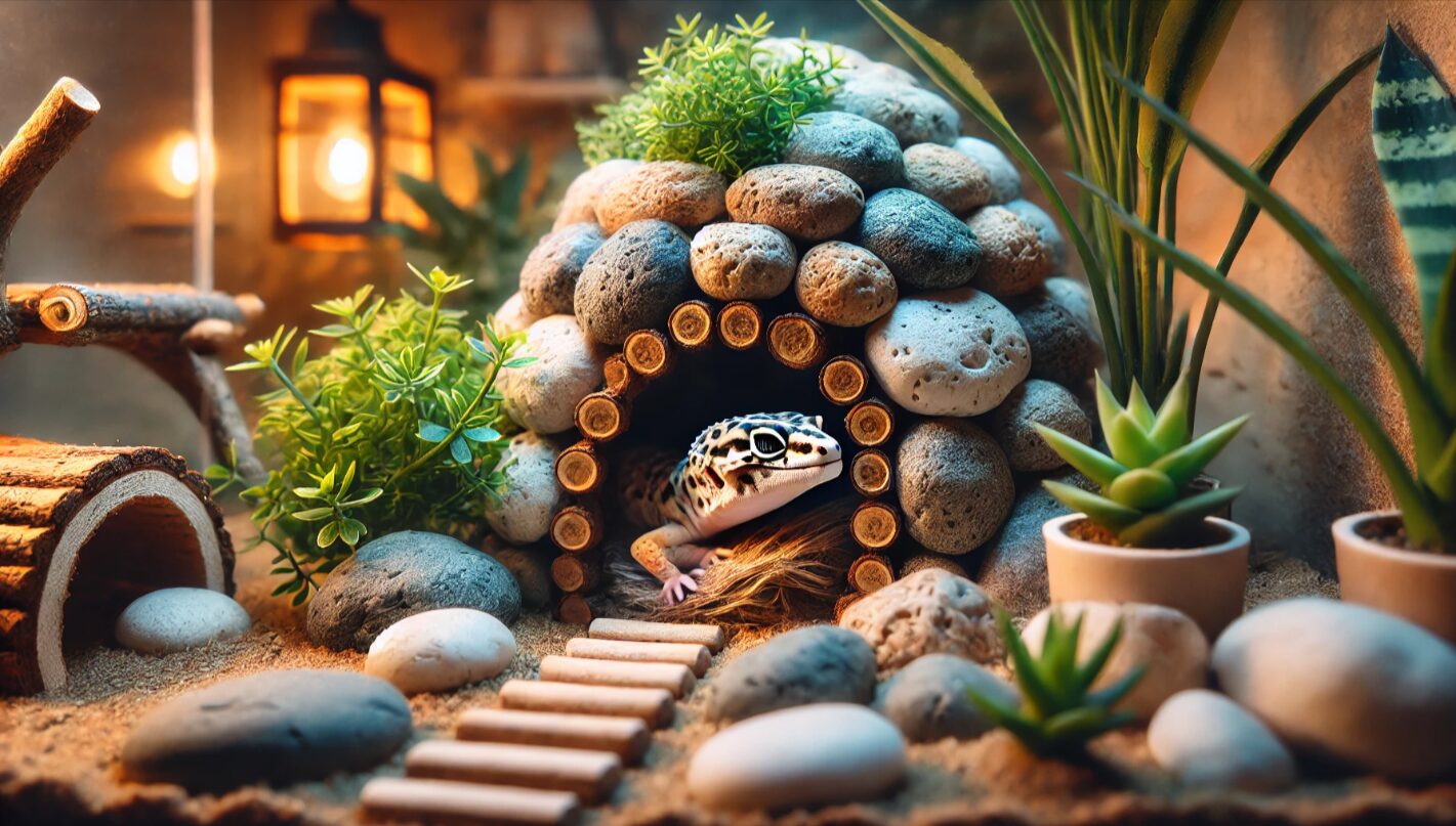 岩や植物を配した複数のシェルターがあるテラリウム環境。ヒョウモントカゲモドキが安心して隠れられる理想的な飼育レイアウト。