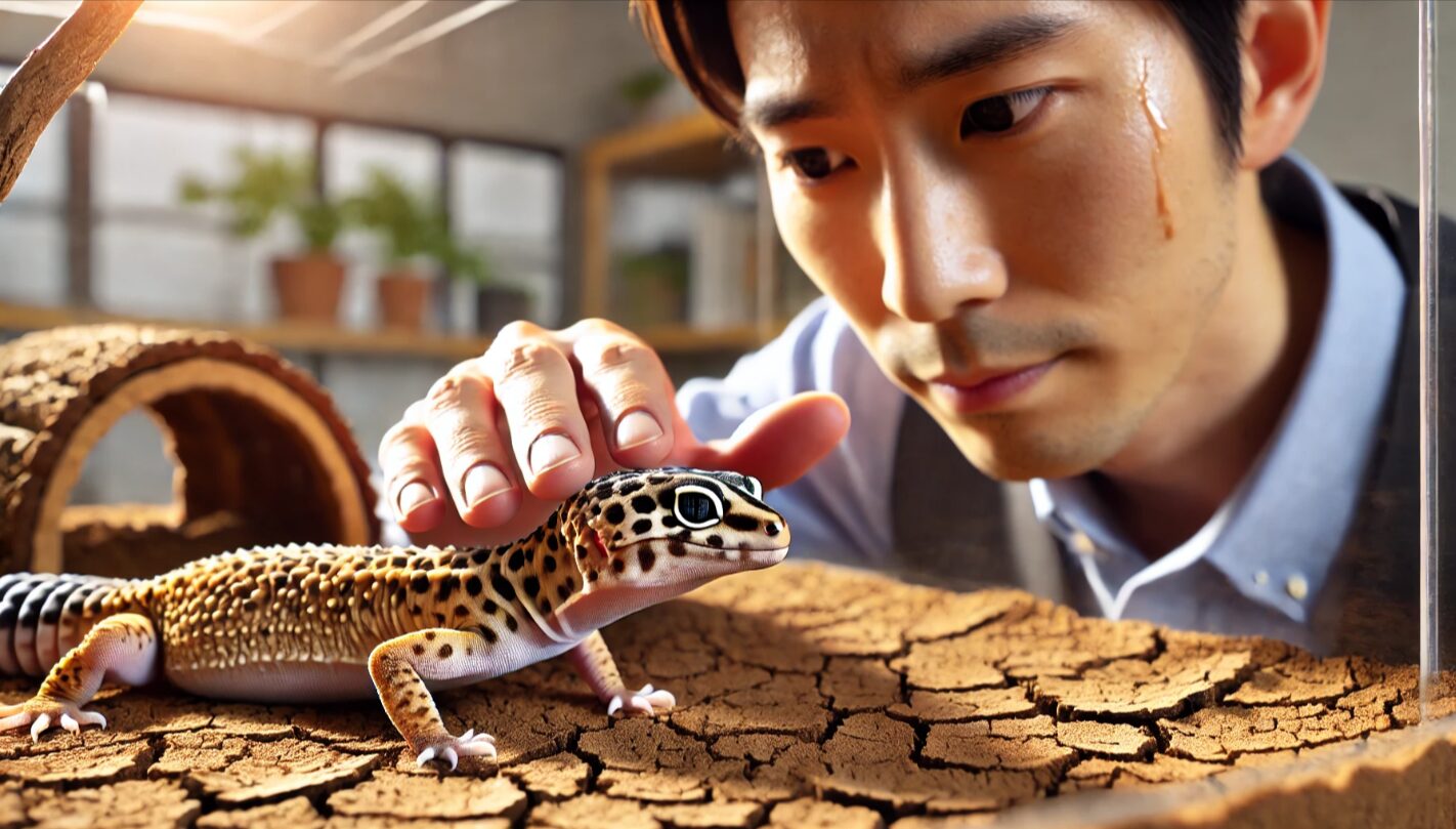 梅雨時の高湿度で曇ったガラス越しに見えるレオパのケージ。日本の室内で湿度管理が課題となる環境を示す。