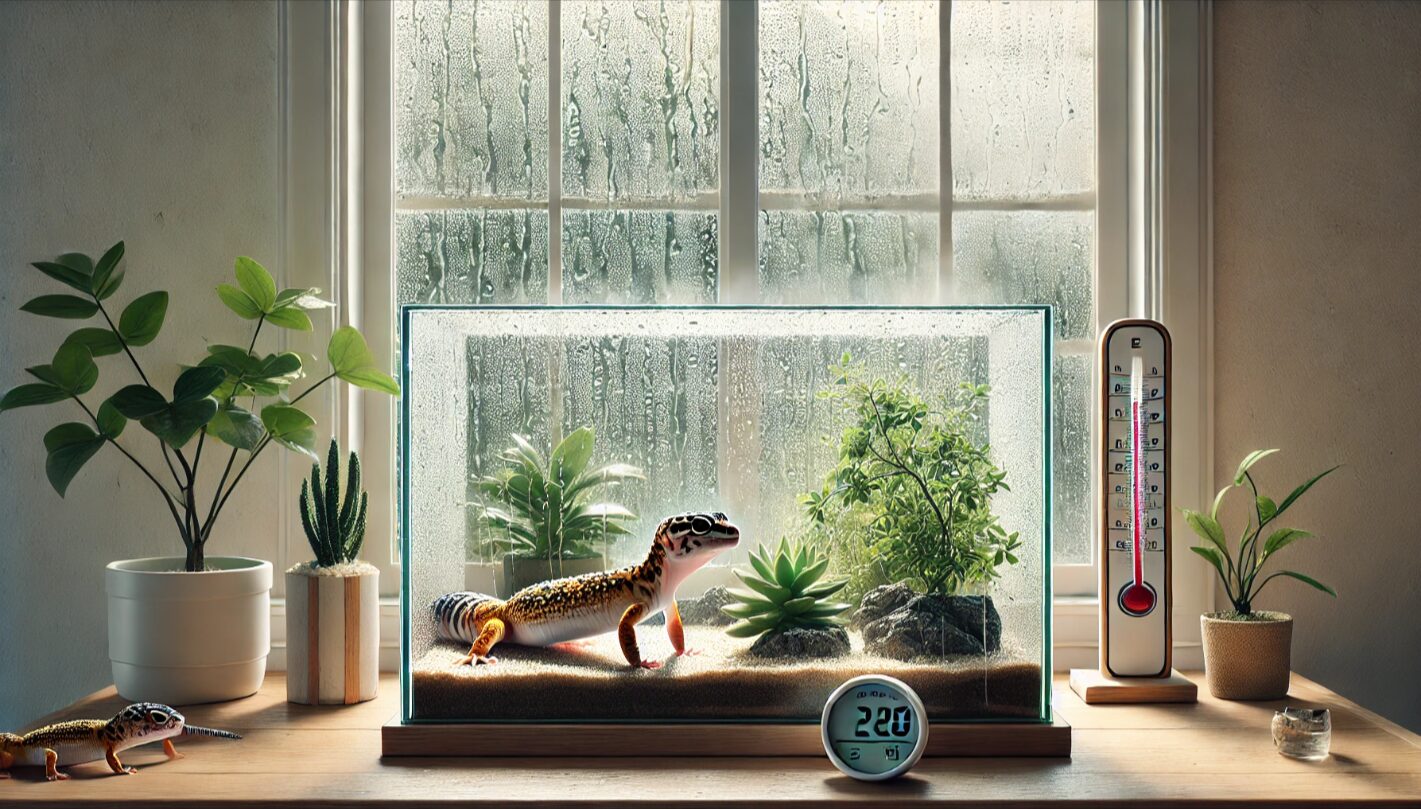 梅雨時の高湿度環境で曇ったガラス越しに見えるレオパのケージ。湿度が高い日本の室内でのレオパ飼育イメージ。