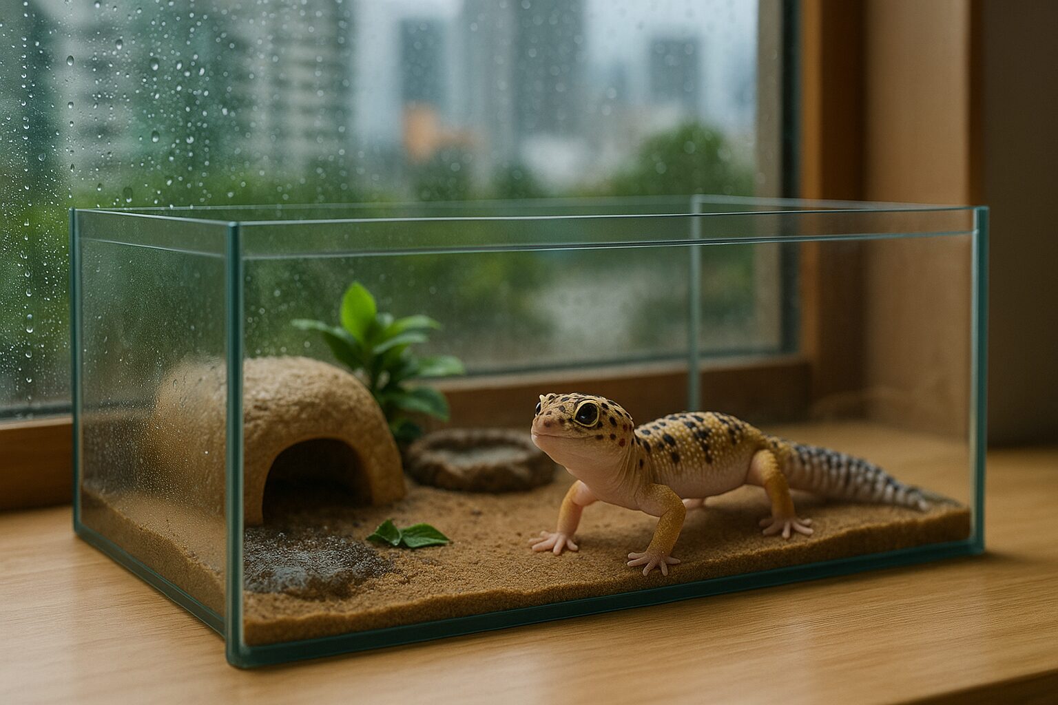 梅雨の窓辺に置かれたガラスケースの中で、ヒョウモントカゲモドキが湿った床材とウェットシェルターのそばにいる様子を写した、レオパ飼育の湿度管理イメージ写真