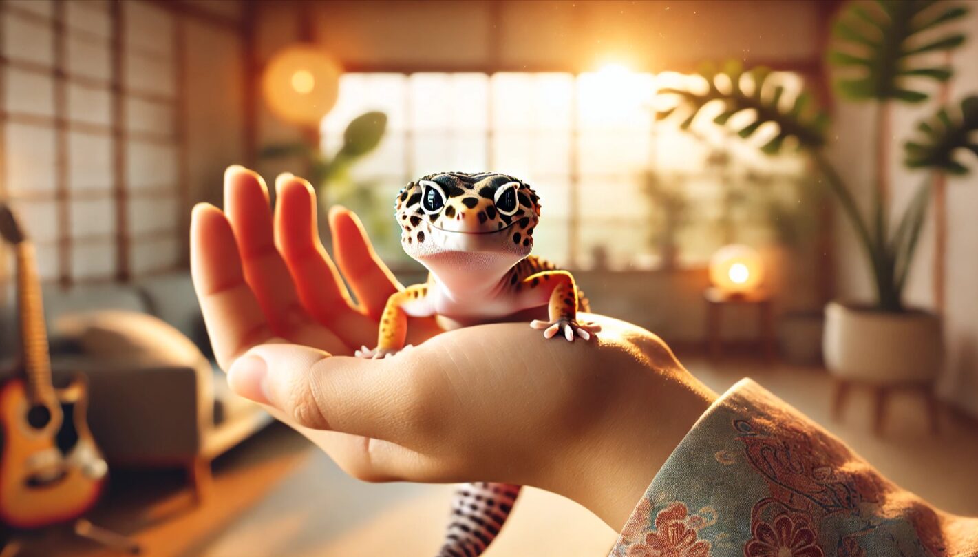 日本人の手に乗ったヒョウモントカゲモドキがカメラ目線で微笑んでいるような表情を見せている、暖かい室内で撮影された愛らしい雰囲気の画像。