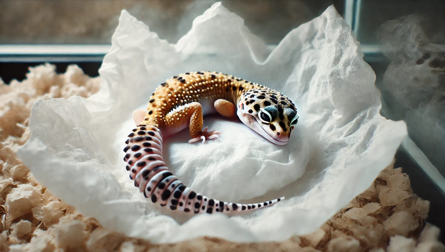 自切後の尾を失ったヒョウモントカゲモドキが清潔な白いペーパー上で静かに休む姿。衛生的な飼育環境と回復をイメージした写真。