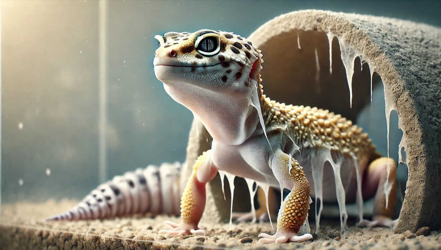 ヒョウモントカゲモドキが脱皮の最中で、足や尾に古い皮が残っている様子。高湿度を保つテラリウム内で、落ち着いた様子で脱皮を進める姿が印象的なケアシーン。