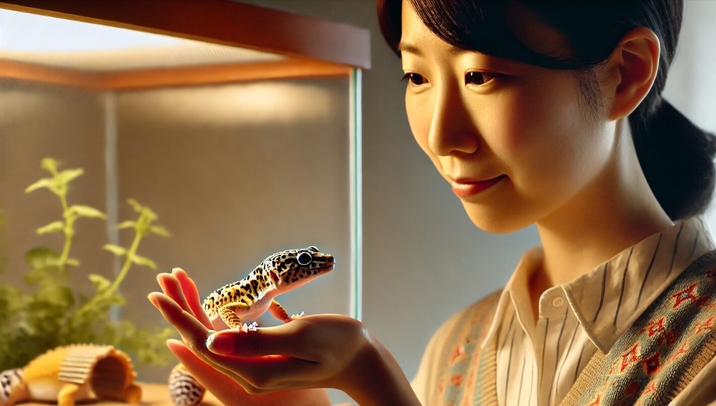 防御姿勢を見せるヒョウモントカゲモドキに対し、手を静かに引く日本人女性。正しいハンドリング対応を示す穏やかなシーン。