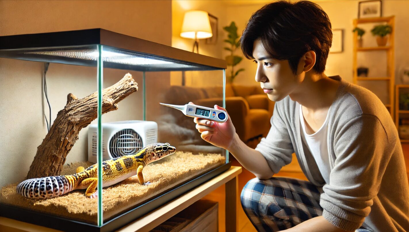 ヒョウモントカゲモドキのテラリウム内の温度を確認している日本人飼育者。暖突の必要性を検討しているシーン。