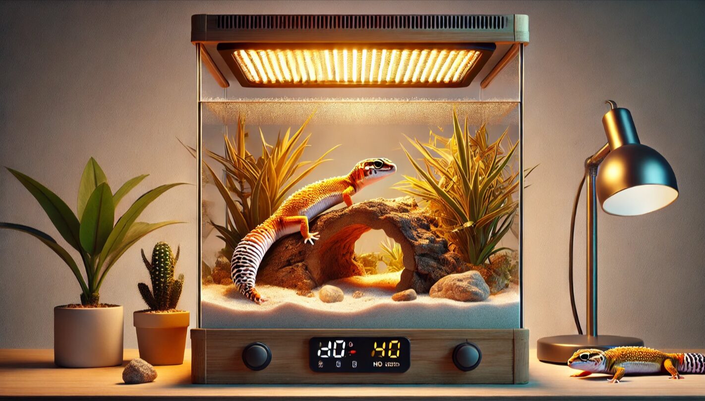 パネルヒーターと上部ヒーターを併用し、温度勾配が明確に整備された理想的なレオパ飼育環境。