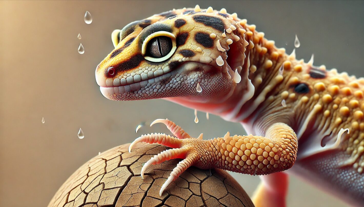 乾燥した環境で脱皮不全を起こしかけているレオパの足元。湿度不足が原因の皮の残りを示す接写。