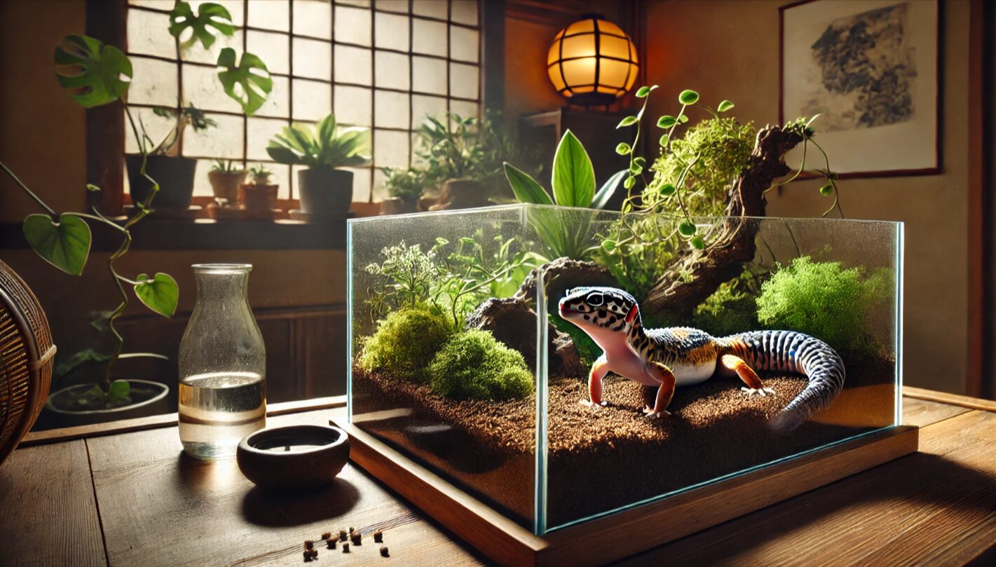 レオパの湿度を高めるためにデザートソイルやヤシガラを使用した湿ったテラリウム環境。