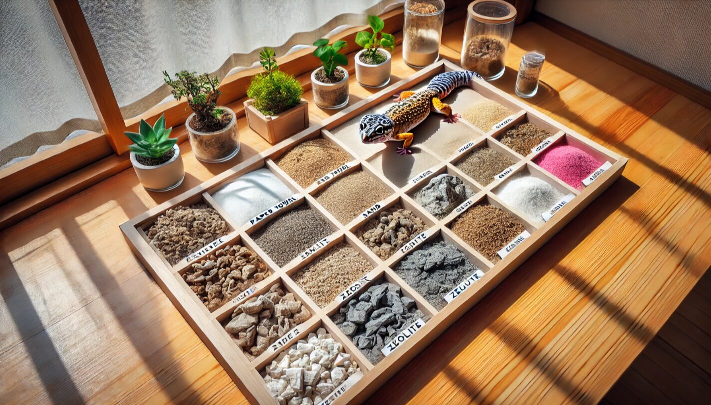 レオパ飼育に使われる乾燥系床材（キッチンペーパー、砂、ゼオライトなど）を比較して並べた日本の家庭のテーブル。