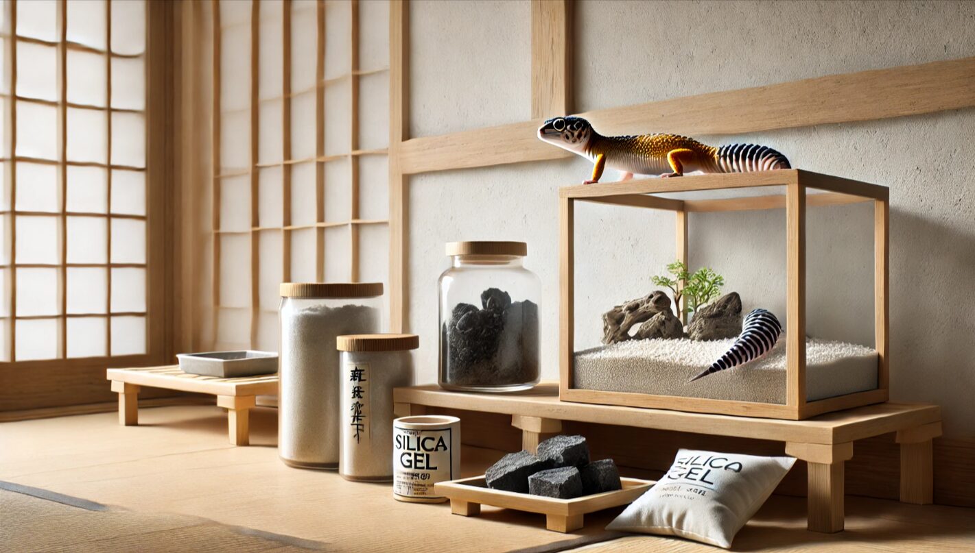 日本の室内に置かれたレオパのケージのそばに、炭とシリカゲルを使った湿度調整アイテムが並ぶ様子。