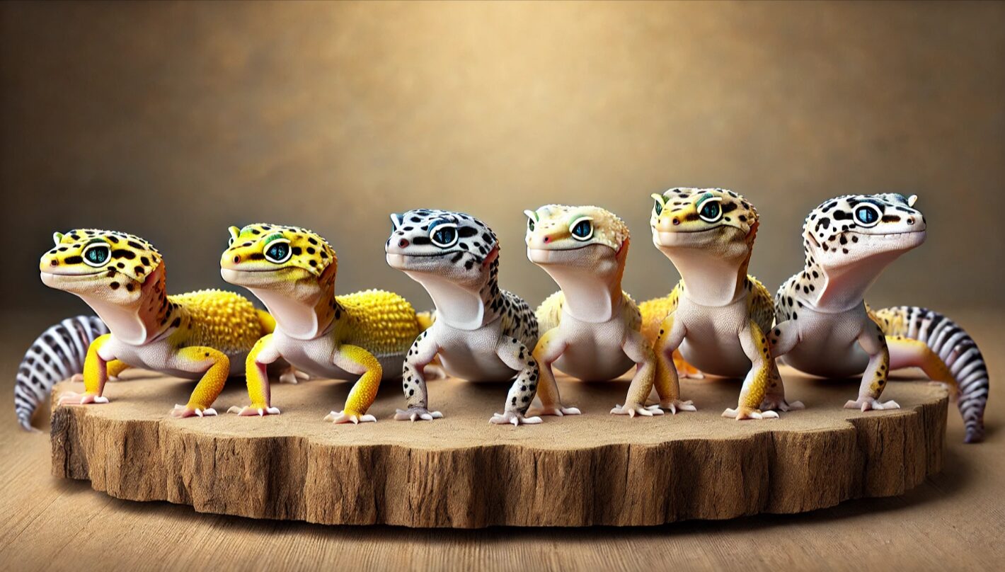 ハイイエロー、マックスノー、アルビノ、ラプター、スーパーマックスノーなどの人気モルフを持つヒョウモントカゲモドキが並んでいる様子。それぞれの体色や模様の違いがわかる比較的な構図。